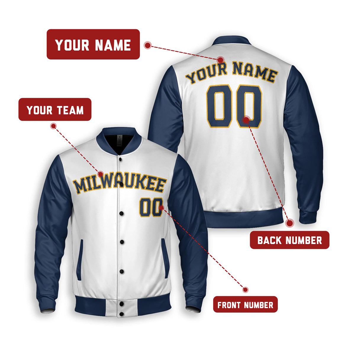 Personalized Milwaukee Brewers Varsity Jacket – White Navy Alternate Style, Custom Name & Number-2
