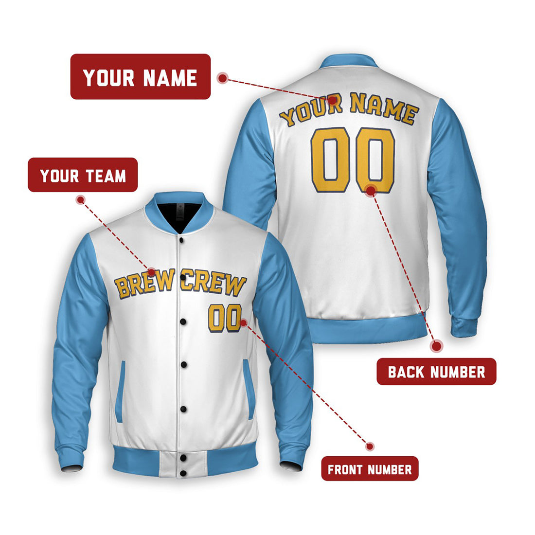 Personalized Milwaukee Brewers Varsity Jacket – White Sky Blue City Style, Custom Name & Number-1
