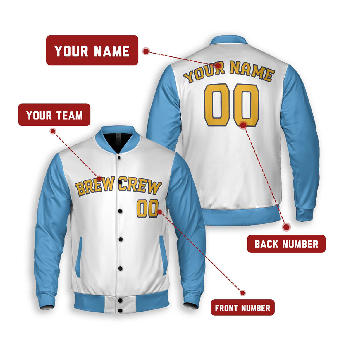 Personalized Milwaukee Brewers Varsity Jacket – White Sky Blue City Style, Custom Name & Number-2