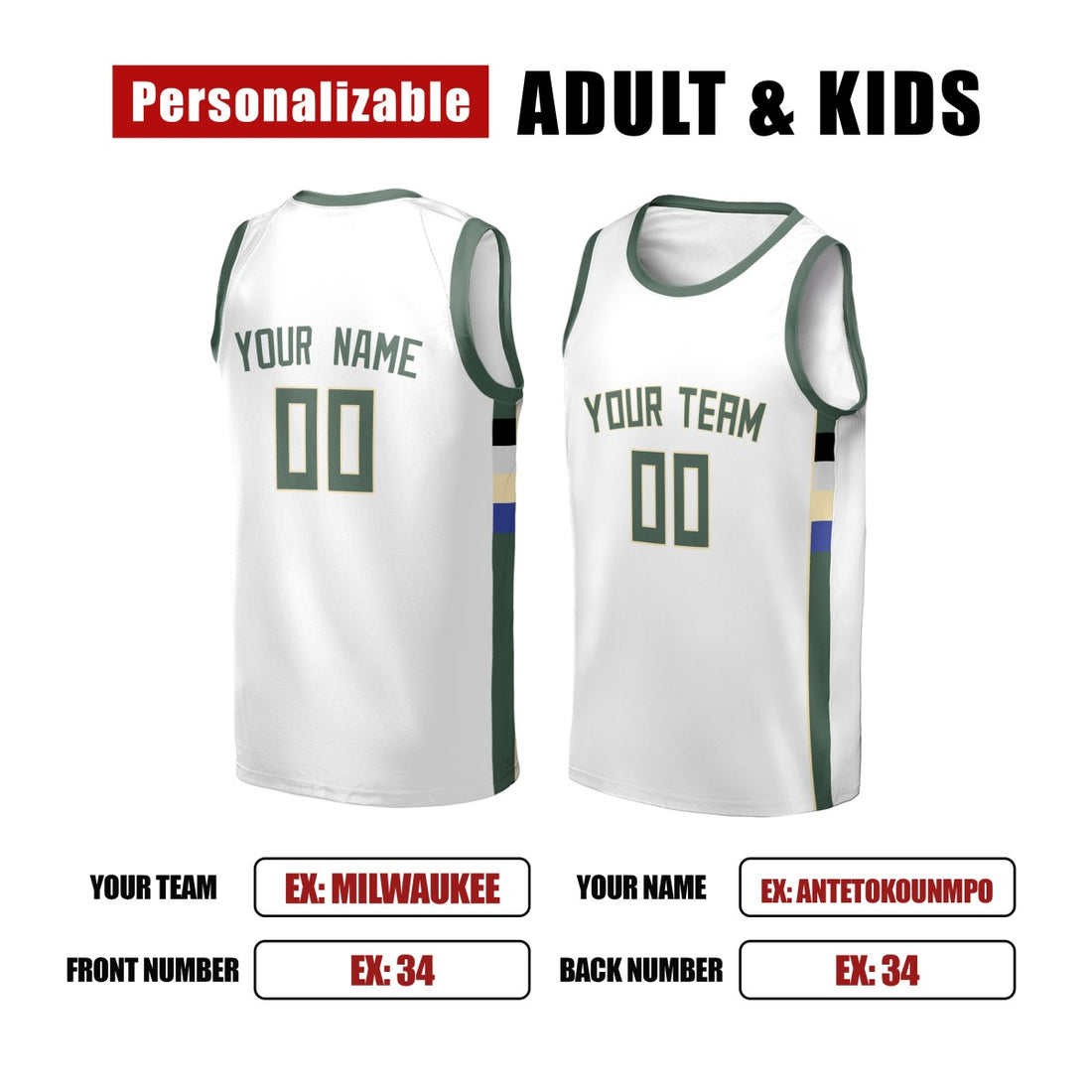 Personalized Milwaukee Bucks Basketball Jersey - White Swingman Association Style, Custom Name & Number-1