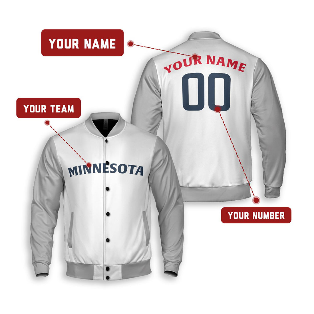 Personalized Minnesota Twins Varsity Jacket – White Gray Road Style, Custom Name & Number-1