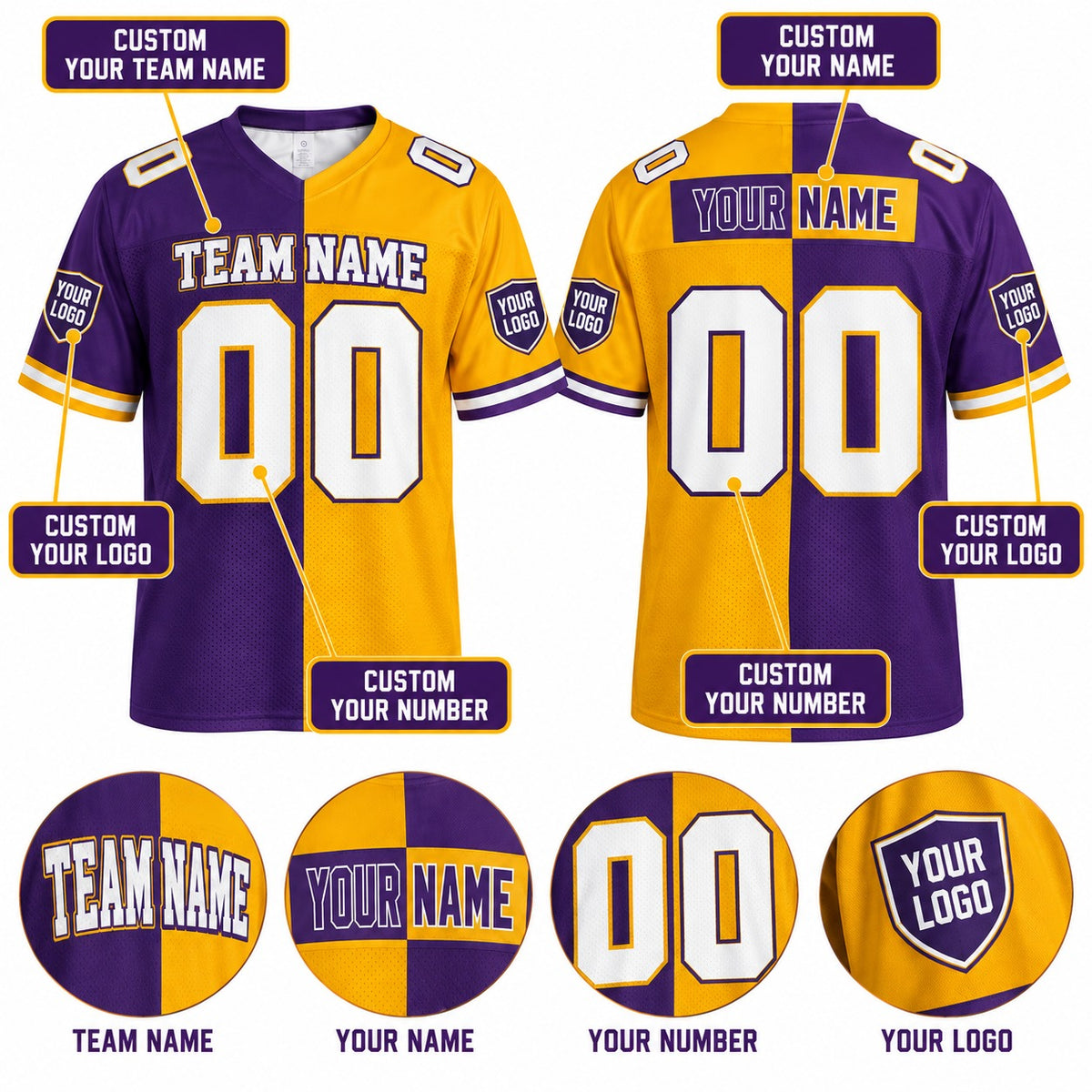 Personalized Minnesota Vikings 1998 Football Jersey – Purple Gold Split Legacy Style, Custom Name Patch, Team Name, Number & Logo-2
