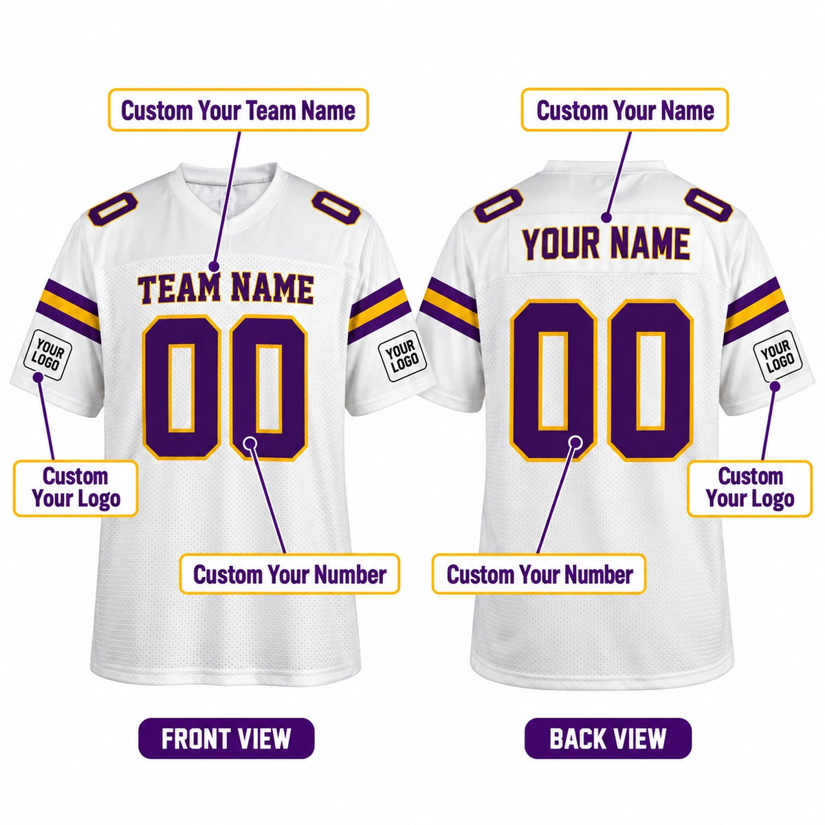 Personalized Minnesota Vikings Football Jersey – White Legacy Style, Custom Name Patch, Team Name, Number & Logo-2