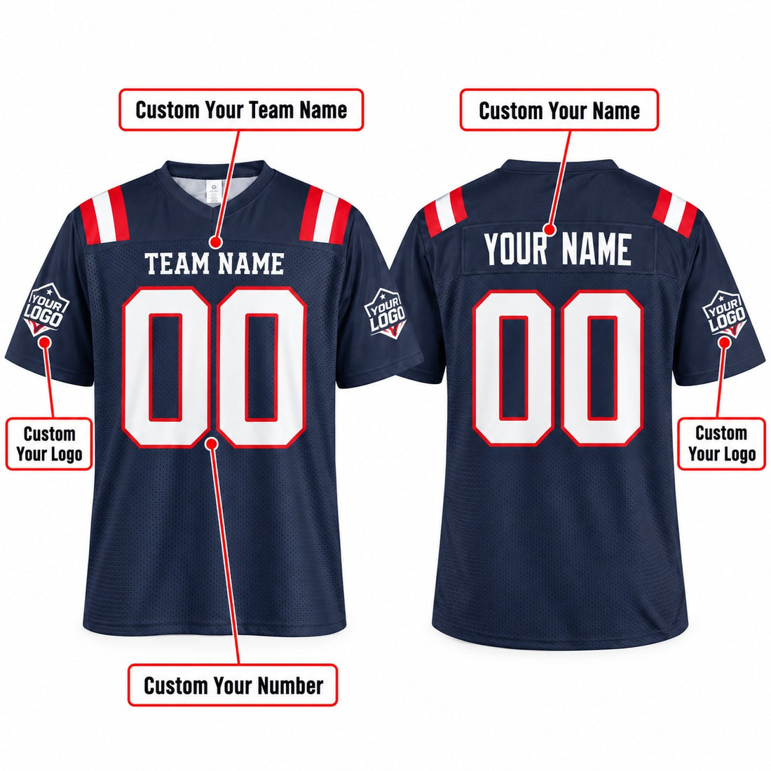 Personalized New England Patriots Football Jersey – Navy Game Style, Custom Name Patch, Team Name, Number & Logo-1