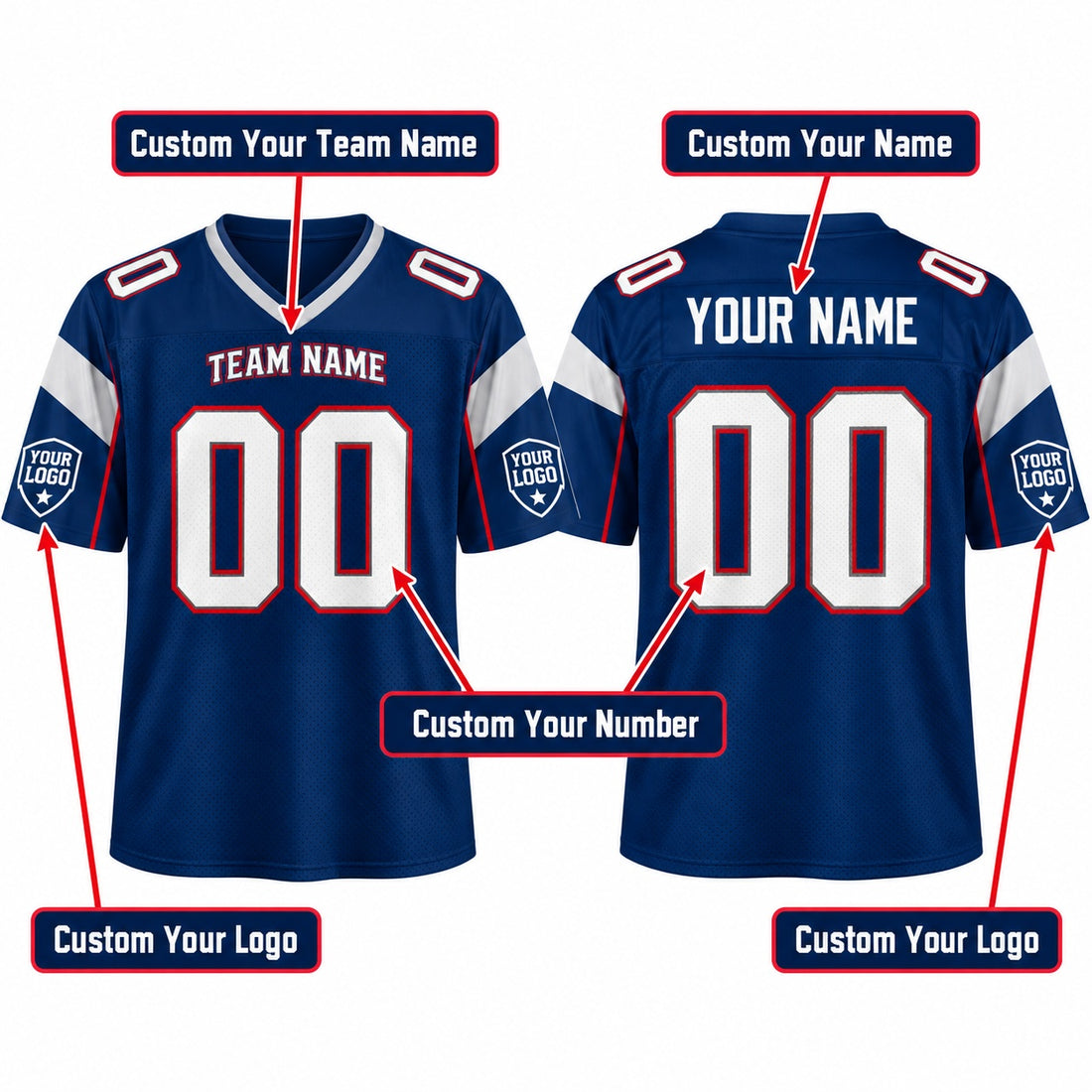 Personalized New England Patriots Football Jersey – Navy Legacy Style, Custom Name Patch, Team Name, Number & Logo-1