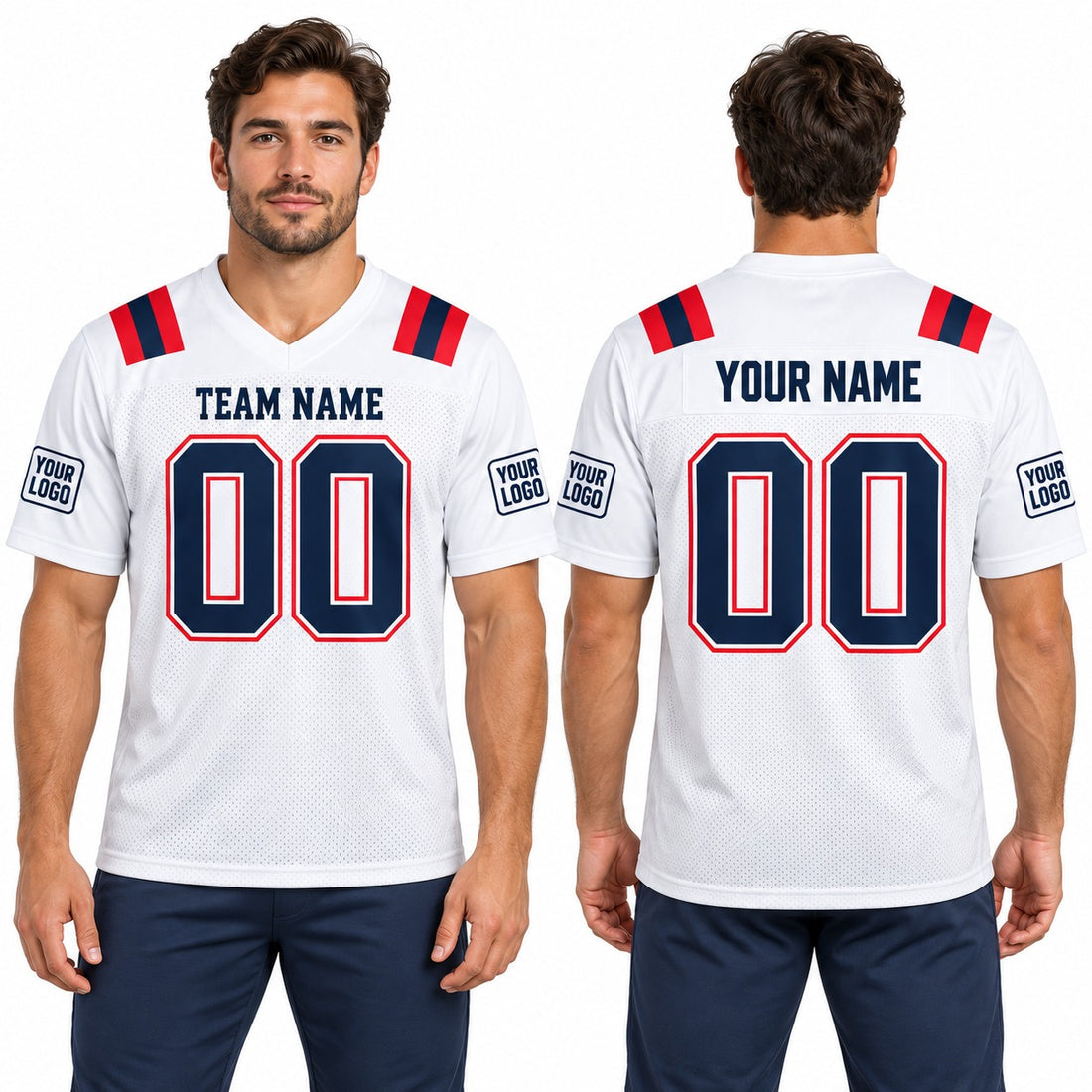 Personalized New England Patriots Football Jersey – White Game Style, Custom Name Patch, Team Name, Number & Logo-1