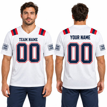 Personalized New England Patriots Football Jersey – White Game Style, Custom Name Patch, Team Name, Number & Logo-1