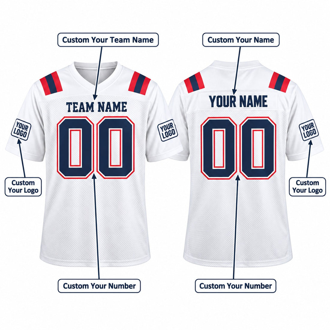 Personalized New England Patriots Football Jersey – White Game Style, Custom Name Patch, Team Name, Number & Logo-1