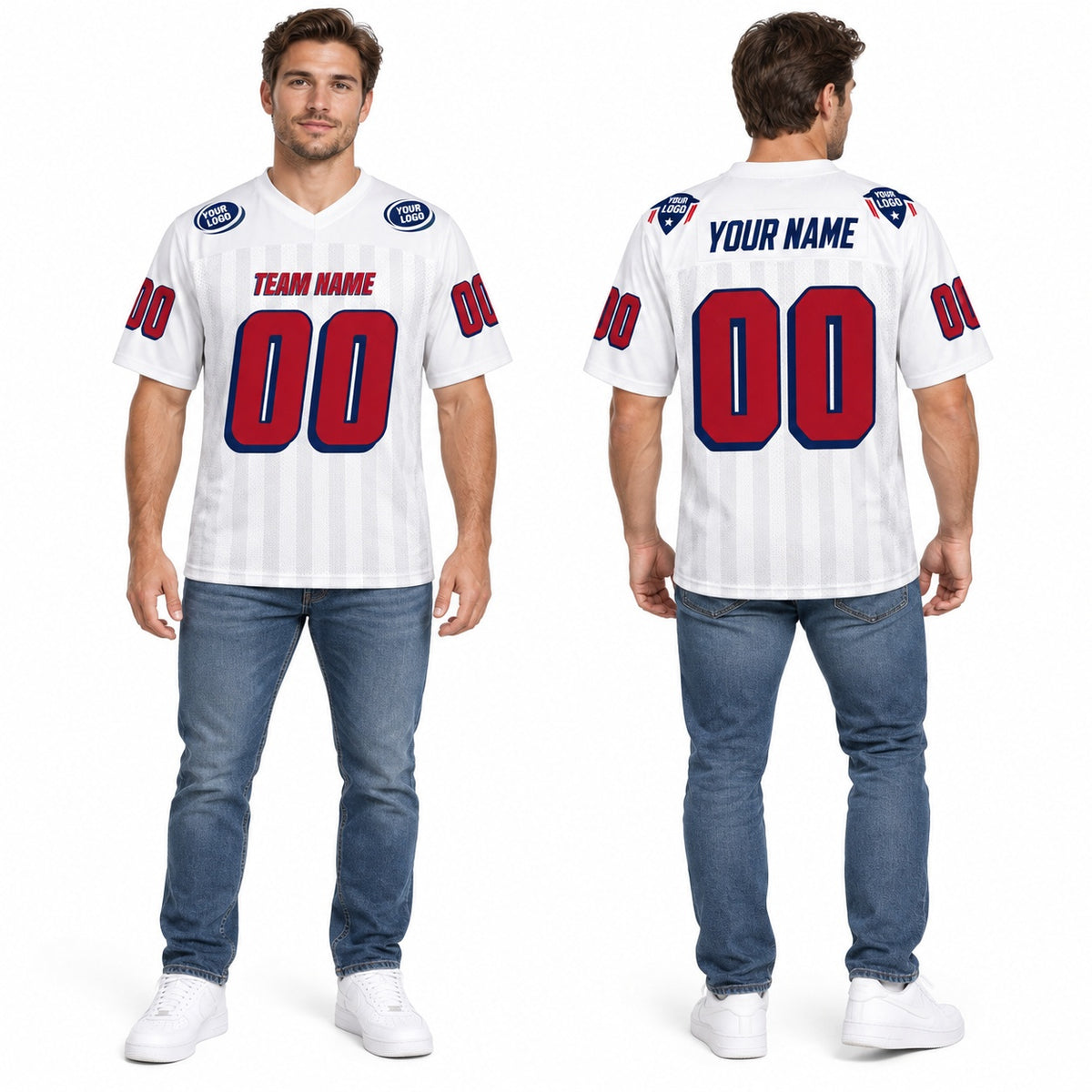 Personalized New England Patriots Football Jersey – White Legacy Style, Custom Name Patch, Team Name, Number & Logo-1
