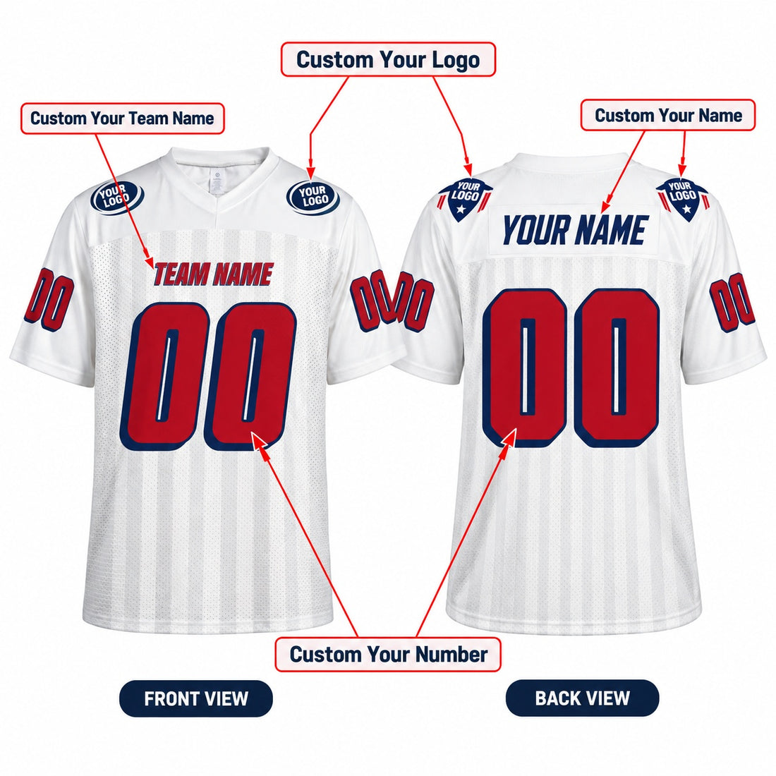 Personalized New England Patriots Football Jersey – White Legacy Style, Custom Name Patch, Team Name, Number & Logo-1