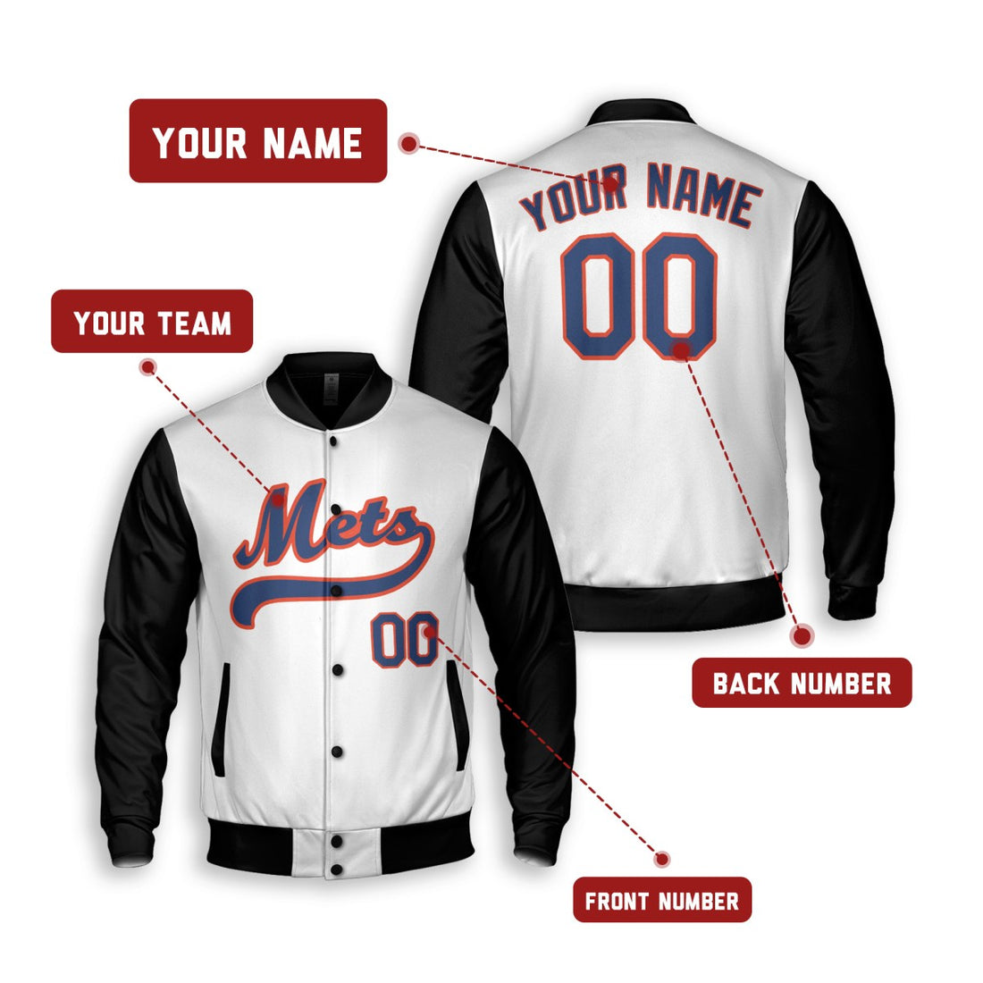 Personalized New York Mets Varsity Jacket – White Black Alternate Style, Custom Name & Number-1