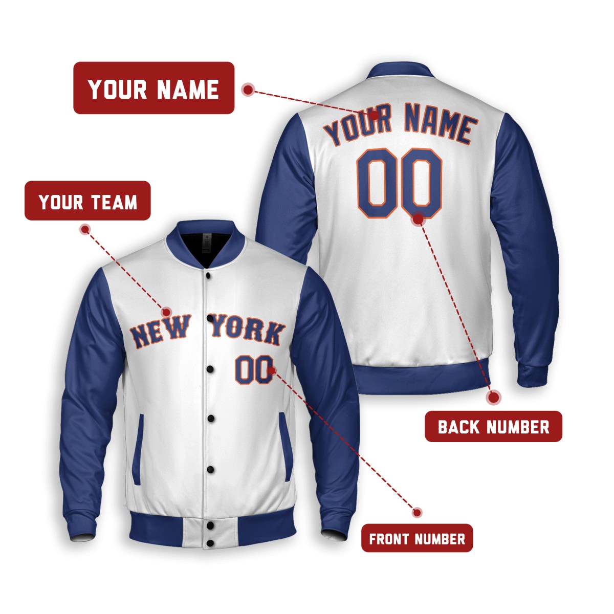 Personalized New York Mets Varsity Jacket – White Blue Away Style, Custom Name & Number-2