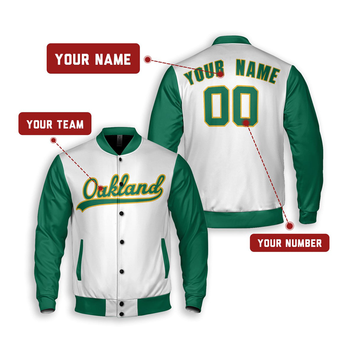 Personalized Oakland Athletics Varsity Jacket – White Green Alternate Style, Custom Name & Number-2