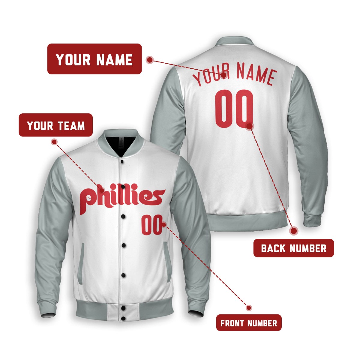 Personalized Philadelphia Phillies Varsity Jacket – White Gray Away Style, Custom Name & Number-2