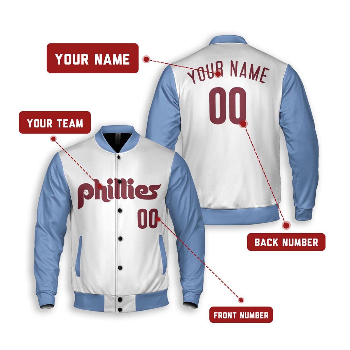 Personalized Philadelphia Phillies Varsity Jacket – White Light Blue Alternate Style, Custom Name & Number-2