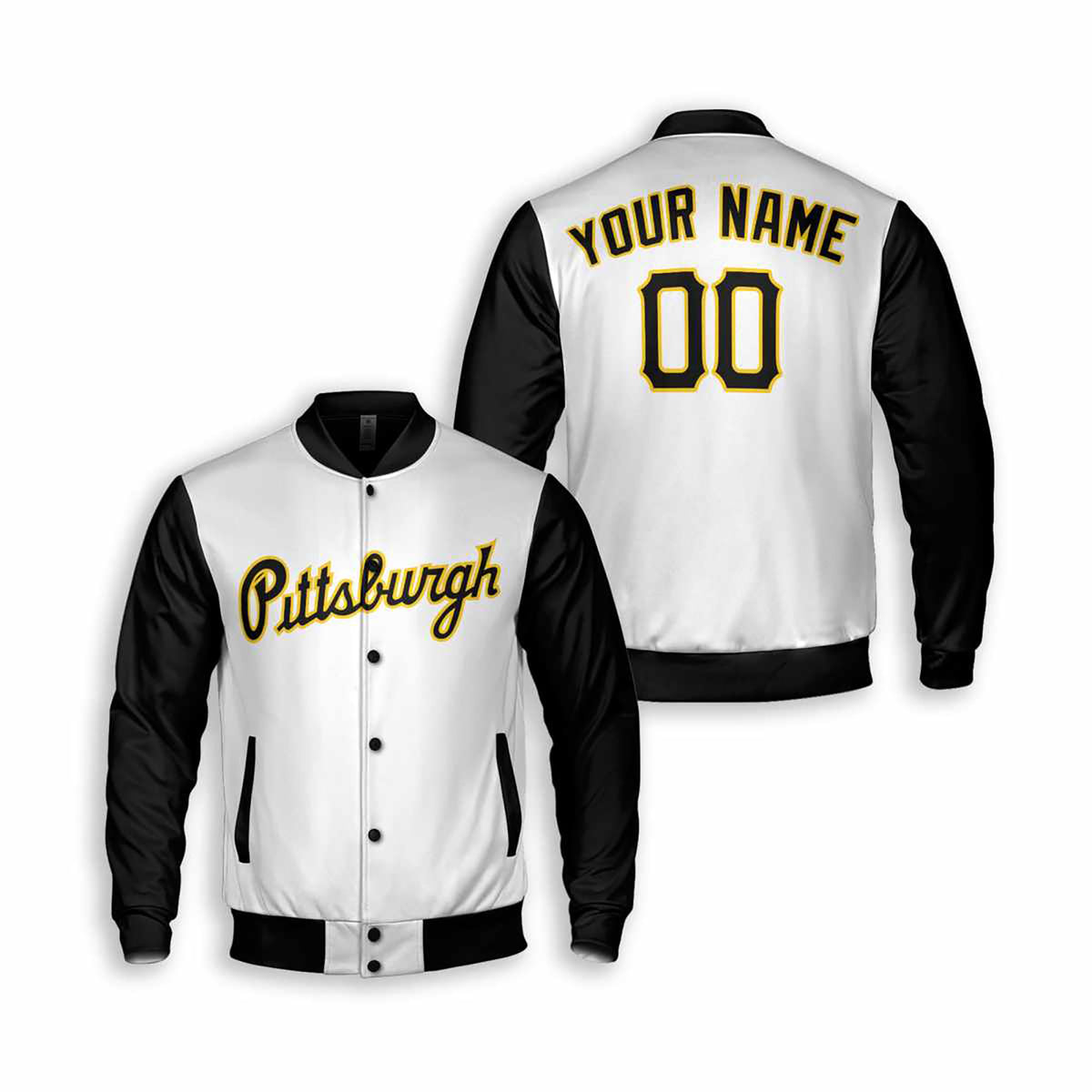 Personalized Pittsburgh Pirates Varsity Jacket – White Black Alternate Style, Custom Name & Number-2