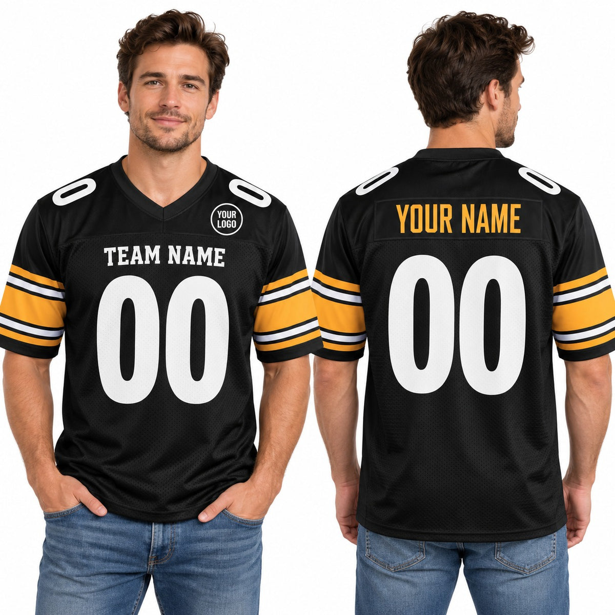 Personalized Pittsburgh Steelers Football Jersey – Black Game Style, Custom Name Patch, Team Name, Number & Logo-1