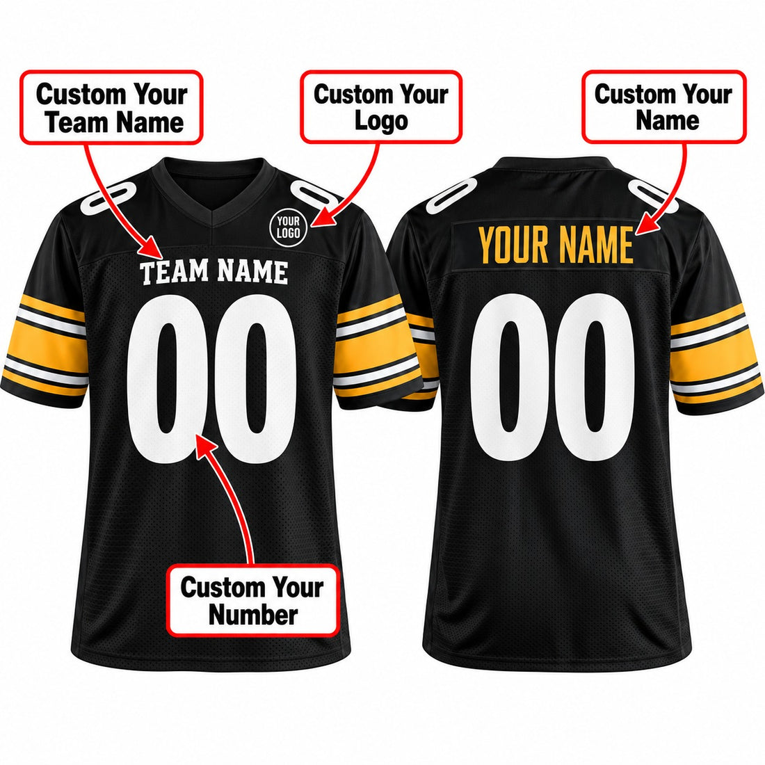 Personalized Pittsburgh Steelers Football Jersey – Black Game Style, Custom Name Patch, Team Name, Number & Logo-1