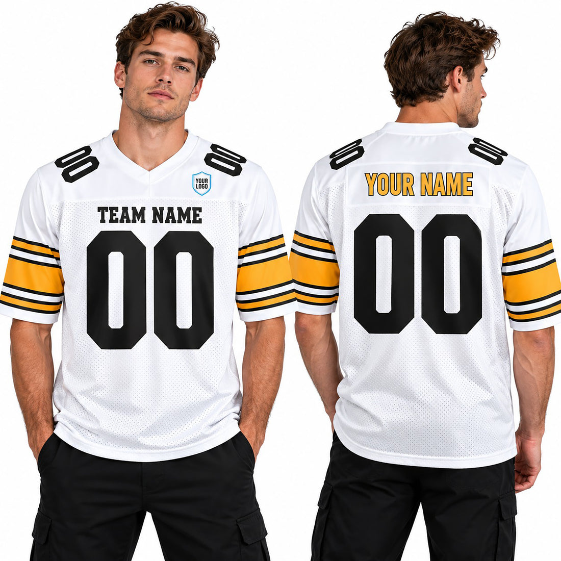Personalized Pittsburgh Steelers Football Jersey – White Away Style, Custom Name Patch, Team Name, Number & Logo-1