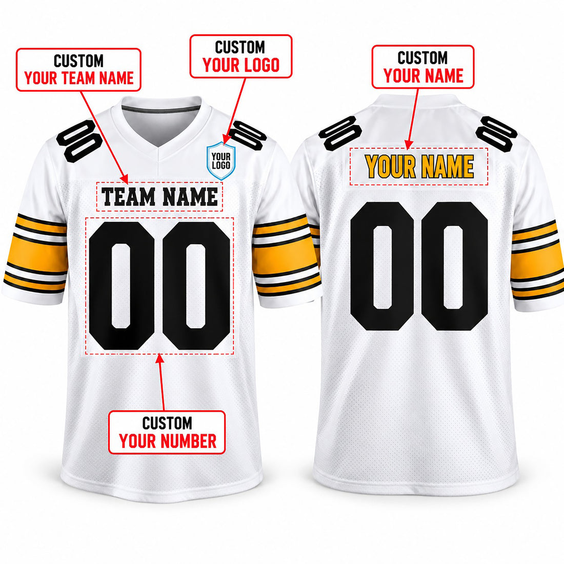 Personalized Pittsburgh Steelers Football Jersey – White Away Style, Custom Name Patch, Team Name, Number & Logo-1