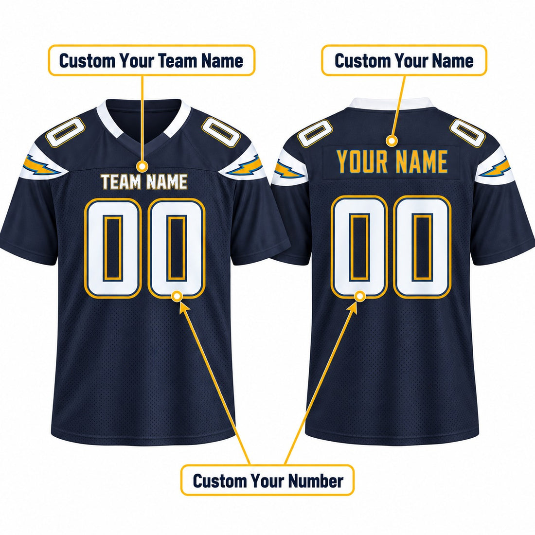 Personalized San Diego Chargers Football Jersey – Navy Gridiron Classics Style, Custom Name Patch, Team Name, Number & Logo-1