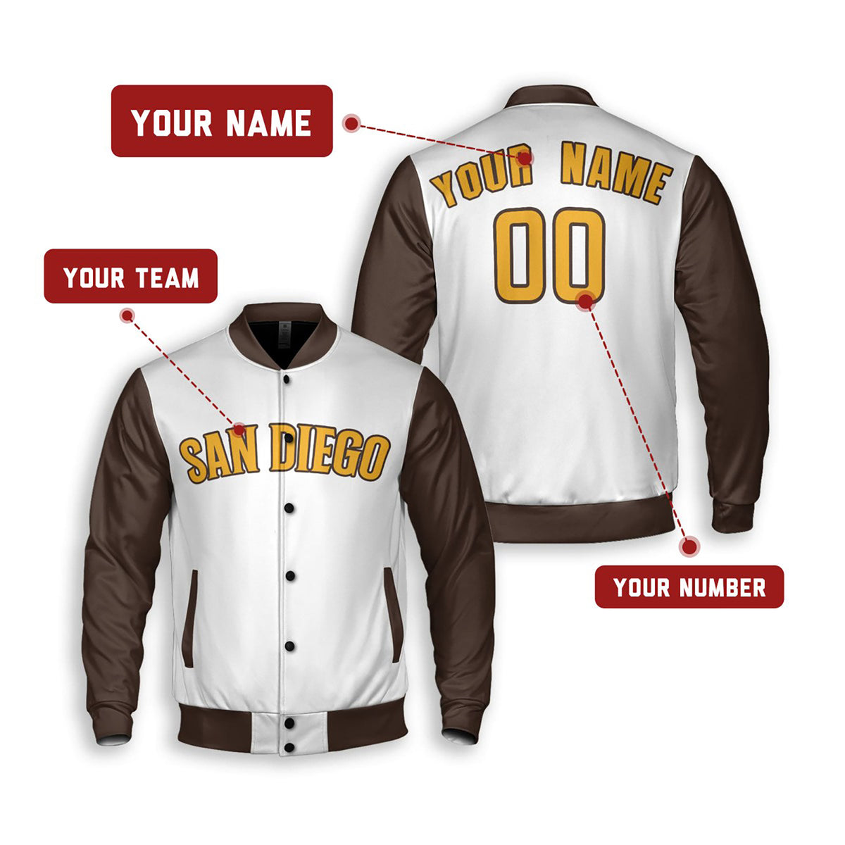Personalized San Diego Padres Varsity Jacket – White Brown Alternate Style, Custom Name & Number-2