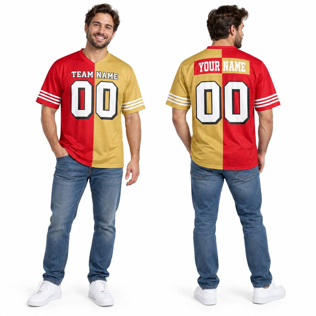 Personalized San Francisco 49ers Football Jersey – Scarlet Gold Split Legacy Style, Custom Name Patch, Team Name, Number & Logo-1