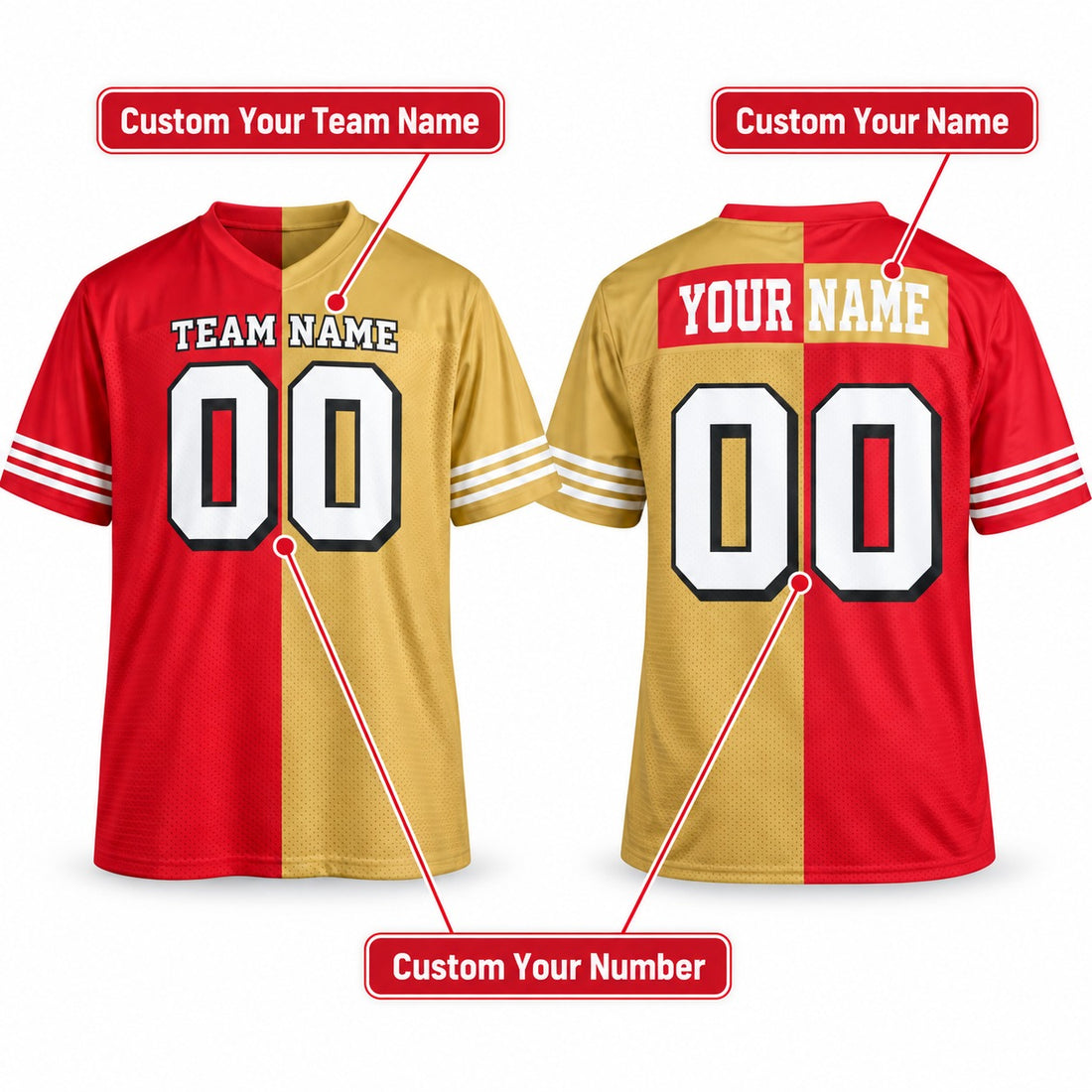 Personalized San Francisco 49ers Football Jersey – Scarlet Gold Split Legacy Style, Custom Name Patch, Team Name, Number & Logo-1