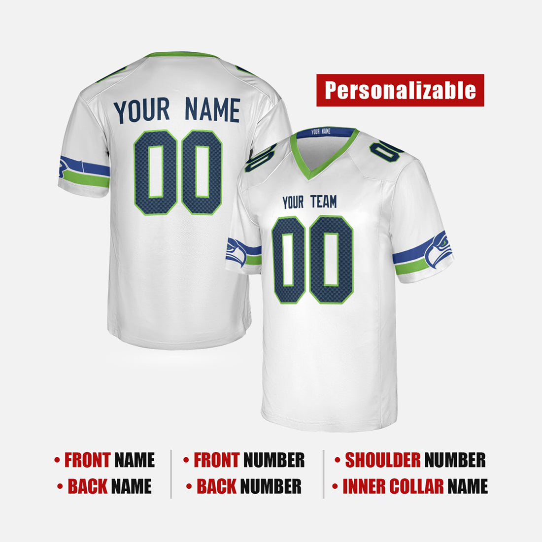 Personalized Seattle Seahawks Football Jersey - White Fan Style, Custom Name & Number-1