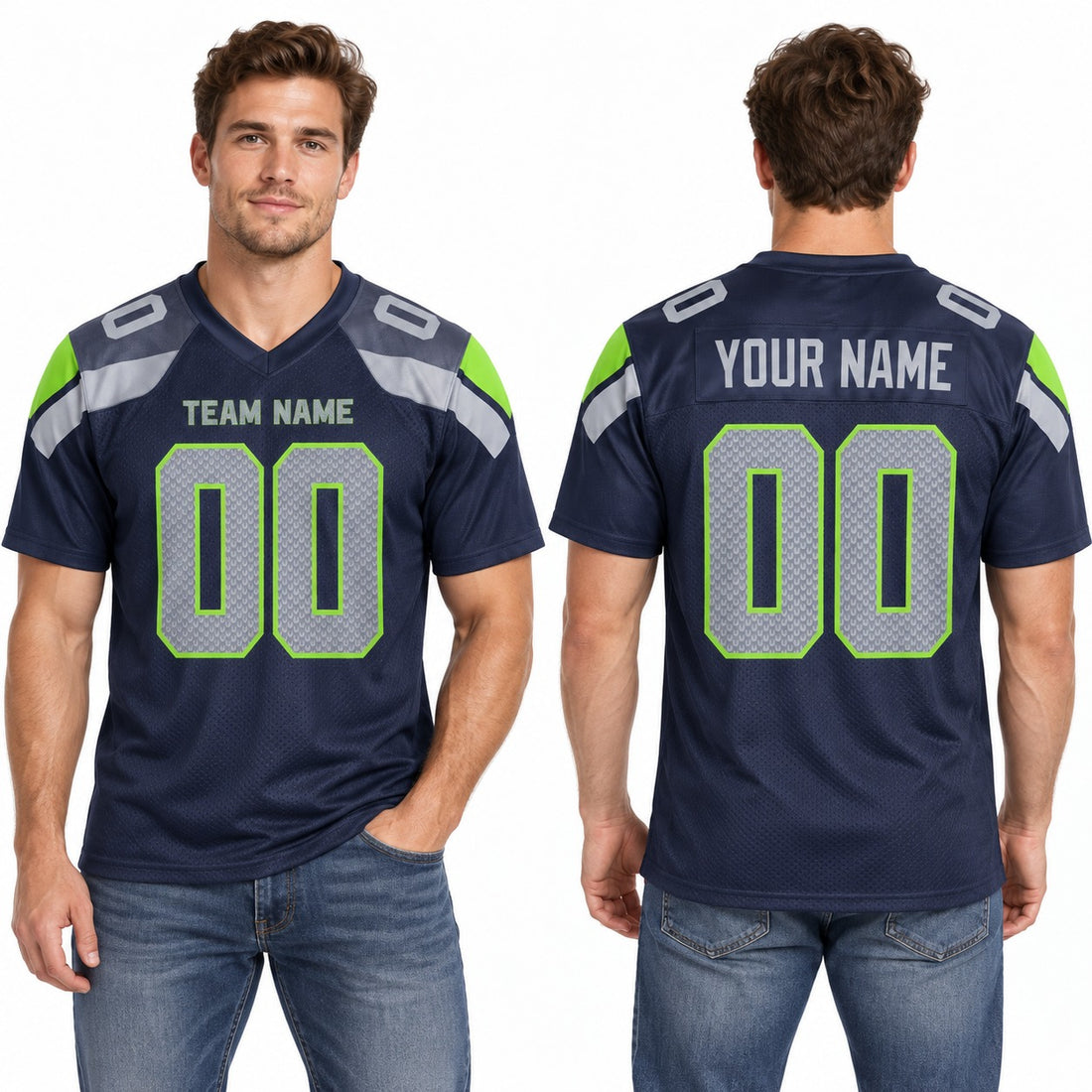 Personalized Seattle Seahawks Football Jersey – College Navy Game Style, Custom Name Patch, Team Name, Number & Logo-1