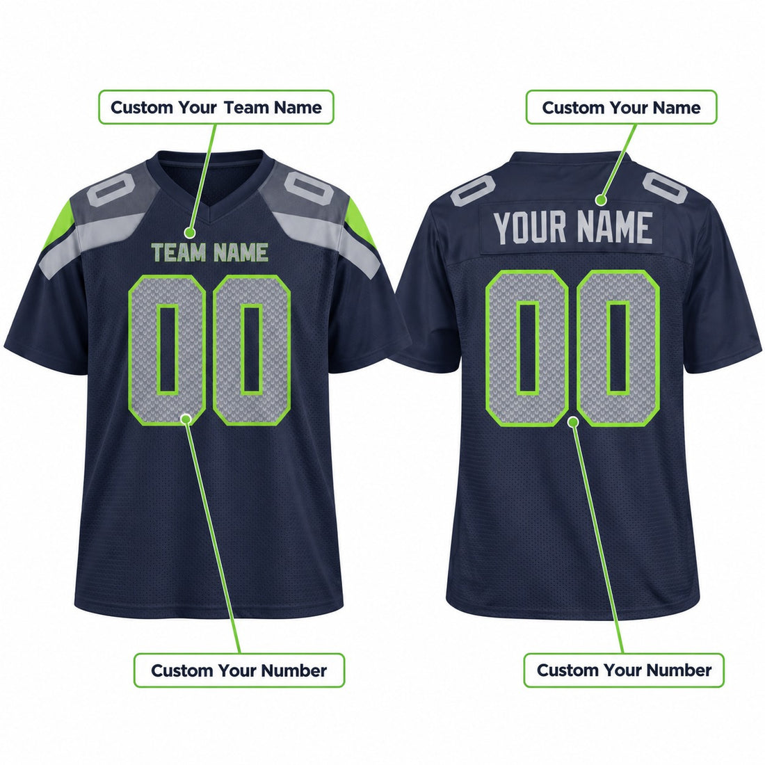 Personalized Seattle Seahawks Football Jersey – College Navy Game Style, Custom Name Patch, Team Name, Number & Logo-1