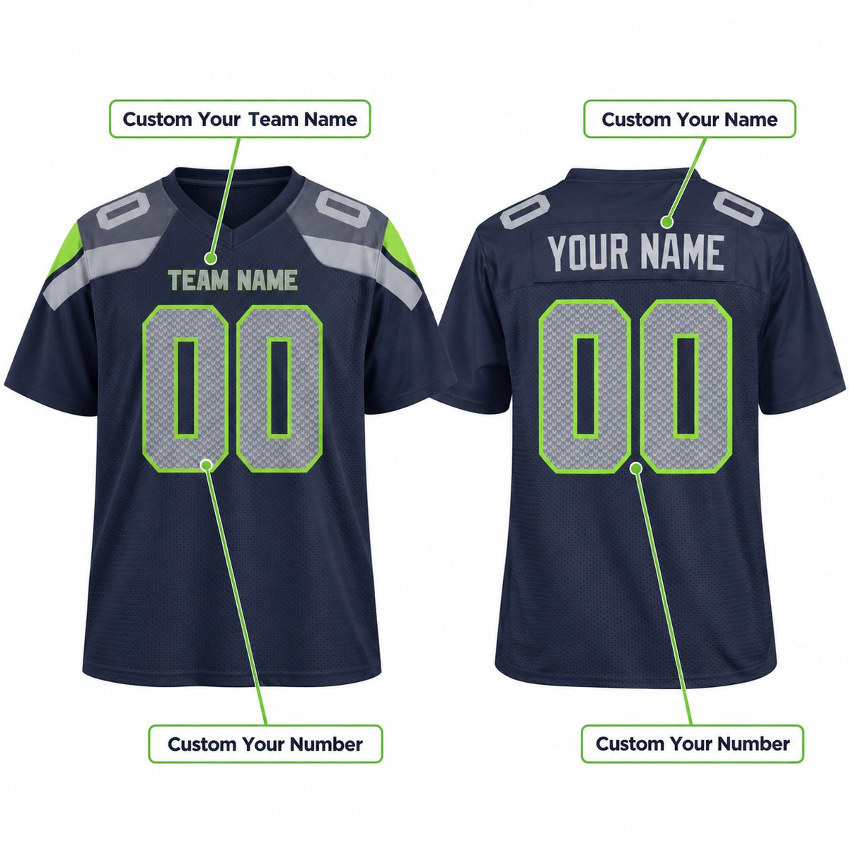 Personalized Seattle Seahawks Football Jersey – College Navy Game Style, Custom Name Patch, Team Name, Number & Logo-2