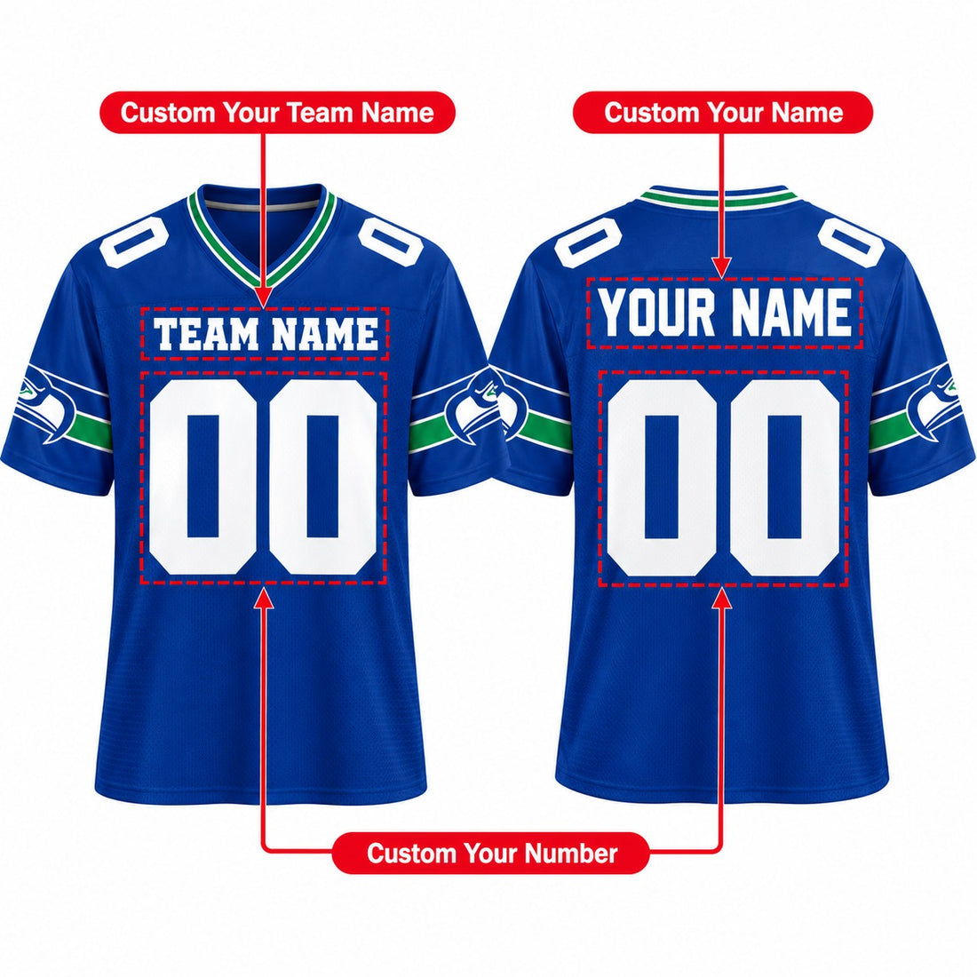 Personalized Seattle Seahawks Football Jersey – Royal Alternate Vapor F.U.S.E. Elite Style, Custom Name Patch, Team Name, Number & Logo-1