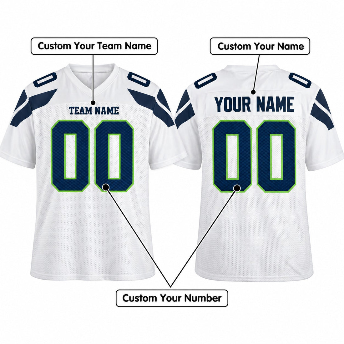 Personalized Seattle Seahawks Football Jersey – White Game Style, Custom Name Patch, Team Name, Number & Logo-1