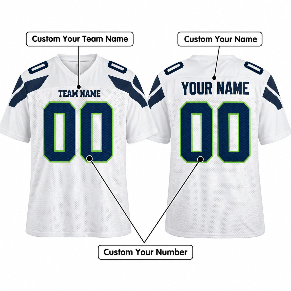 Personalized Seattle Seahawks Football Jersey – White Game Style, Custom Name Patch, Team Name, Number & Logo-2