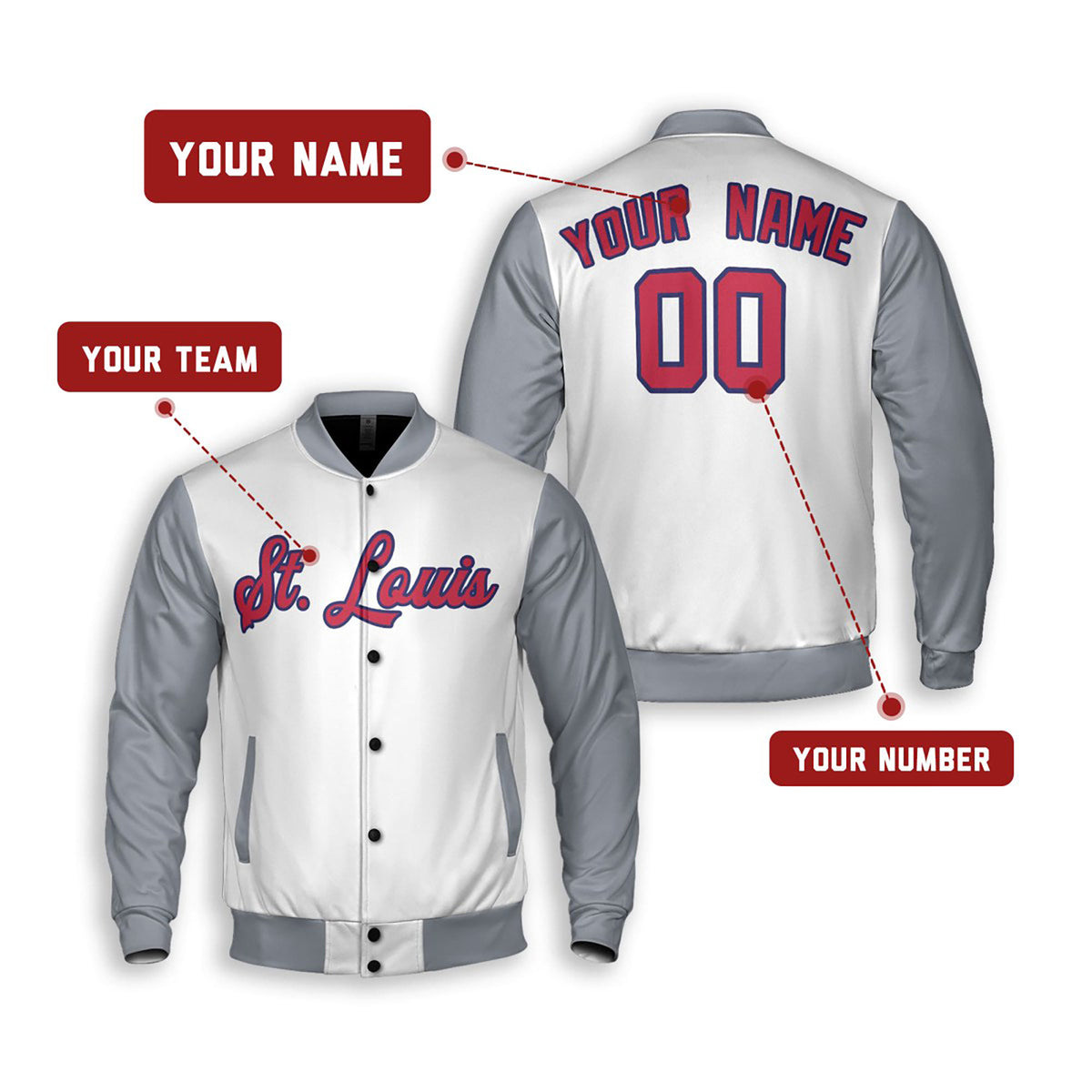 Personalized St. Louis Cardinals Varsity Jacket – White Gray Away Style, Custom Name & Number-2