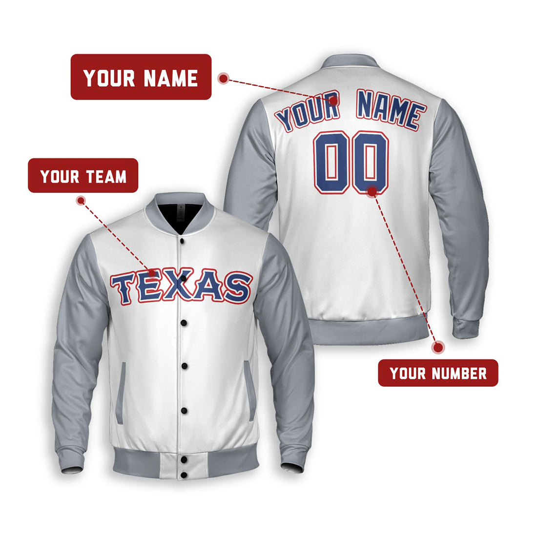 Personalized Texas Rangers Varsity Jacket – White Gray Away Style, Custom Name & Number-1