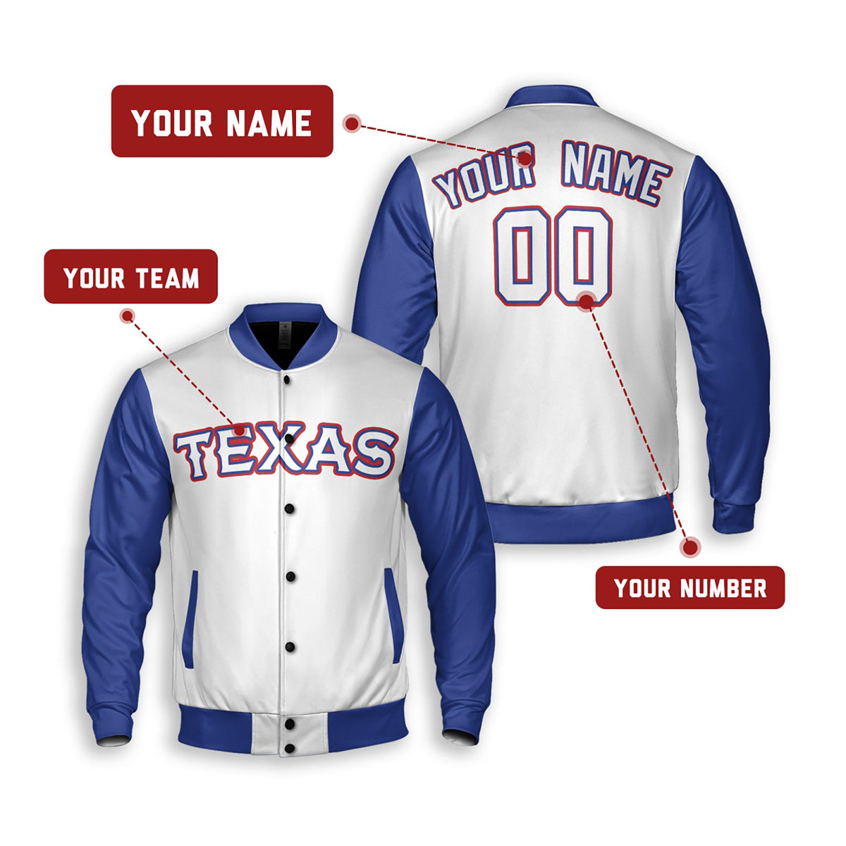 Personalized Texas Rangers Varsity Jacket – White Royal Alternate Style, Custom Name & Number-2