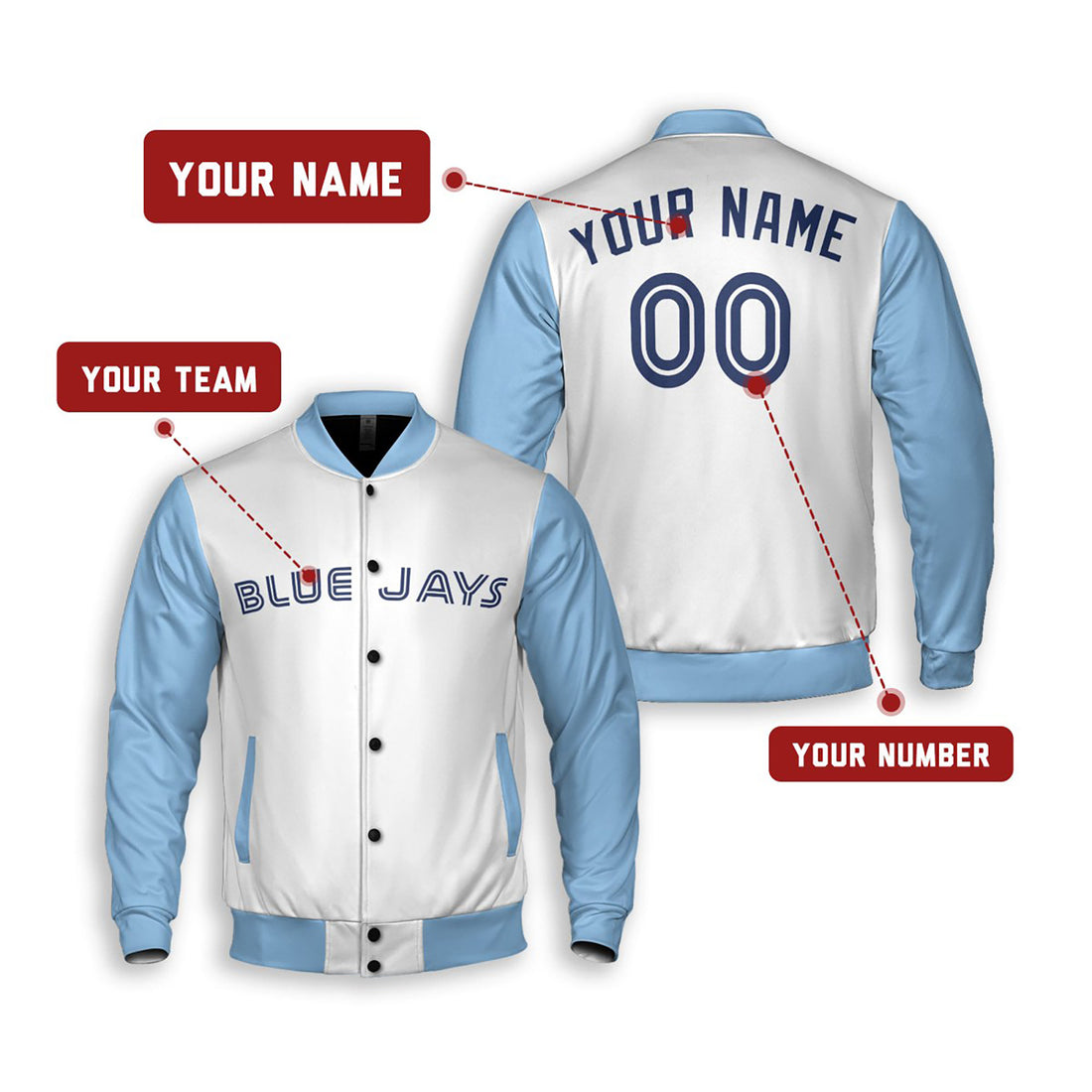 Personalized Toronto Blue Jays Varsity Jacket – White Sky Blue Alternate Style, Custom Name & Number-1