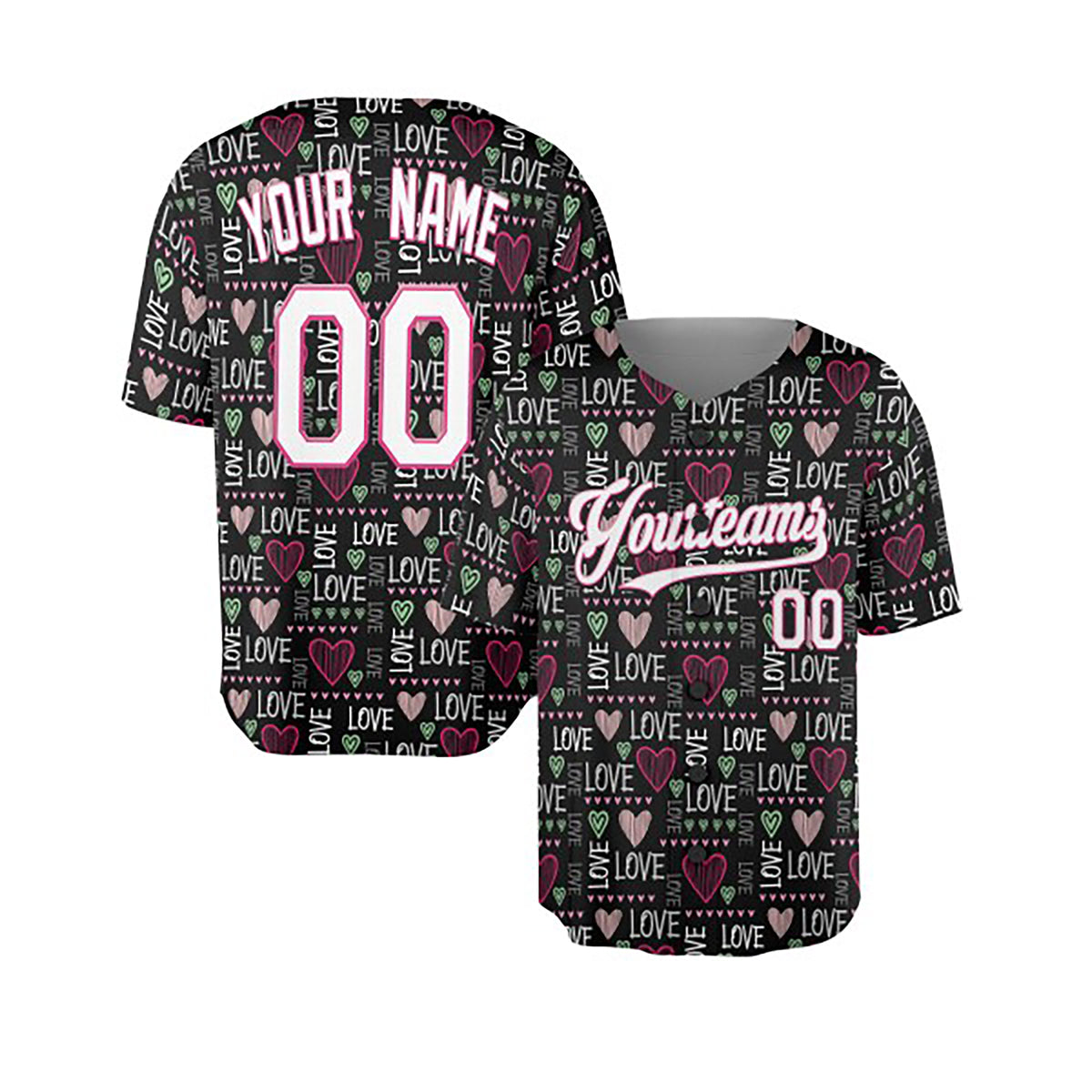 Personalized Valentine Baseball Jersey - Black Love Word Style, Matching Couples Custom Name & Number-4