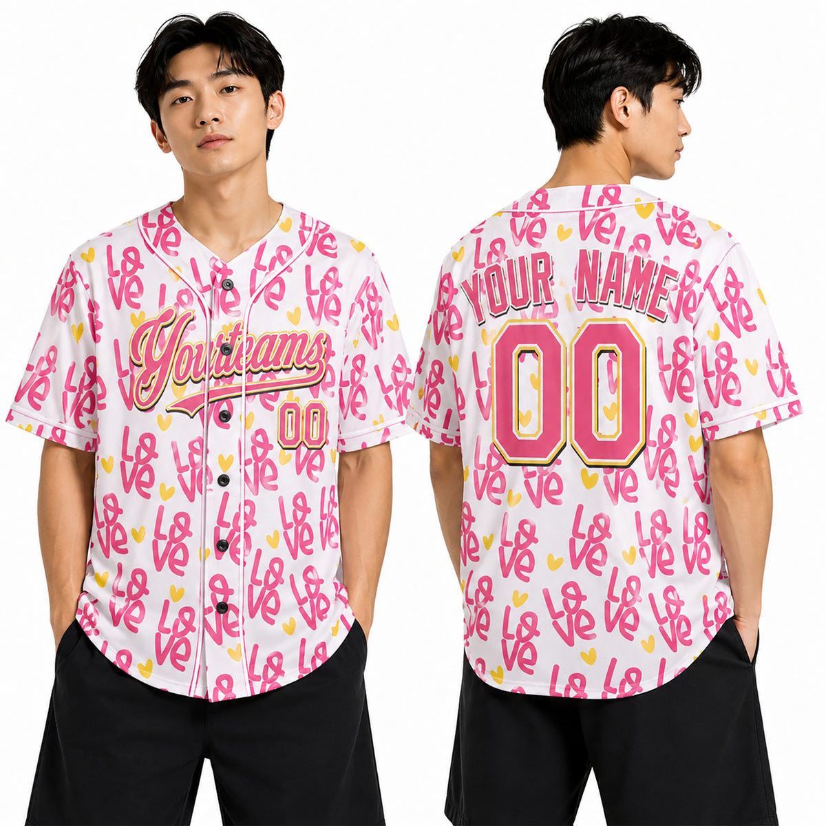 Personalized Valentine Baseball Jersey - Pink Doodle Heart Style, Matching Couples Custom Name & Number-1