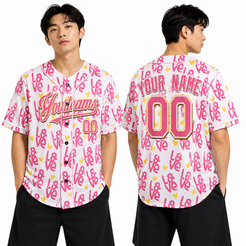 Personalized Valentine Baseball Jersey - Pink Doodle Heart Style, Matching Couples Custom Name & Number-1