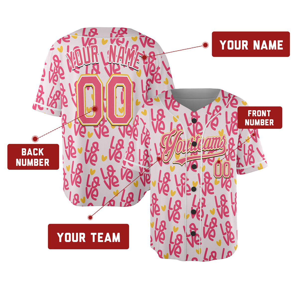 Personalized Valentine Baseball Jersey - Pink Doodle Heart Style, Matching Couples Custom Name & Number-2