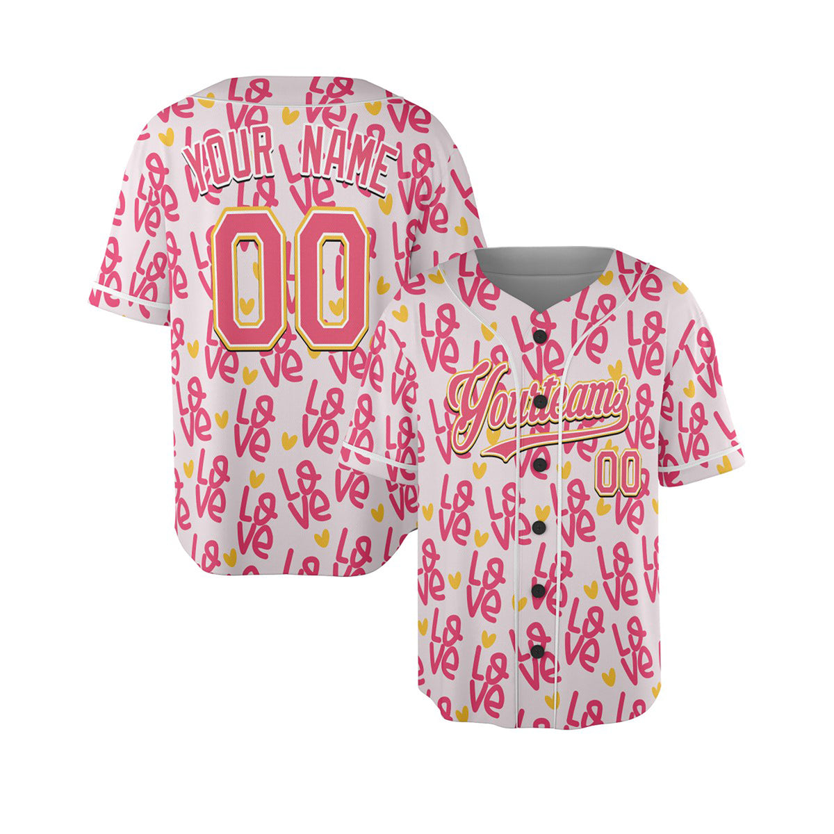 Personalized Valentine Baseball Jersey - Pink Doodle Heart Style, Matching Couples Custom Name & Number-4