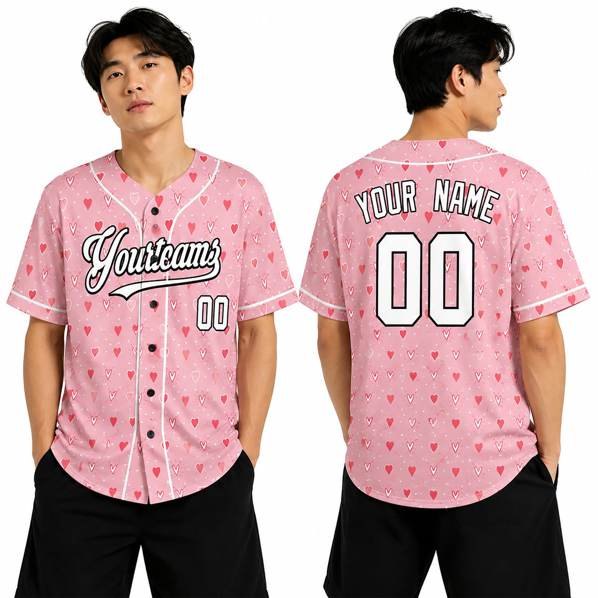 Personalized Valentine Baseball Jersey - Pink Tiny Heart Style, Matching Couples Custom Name & Number-1
