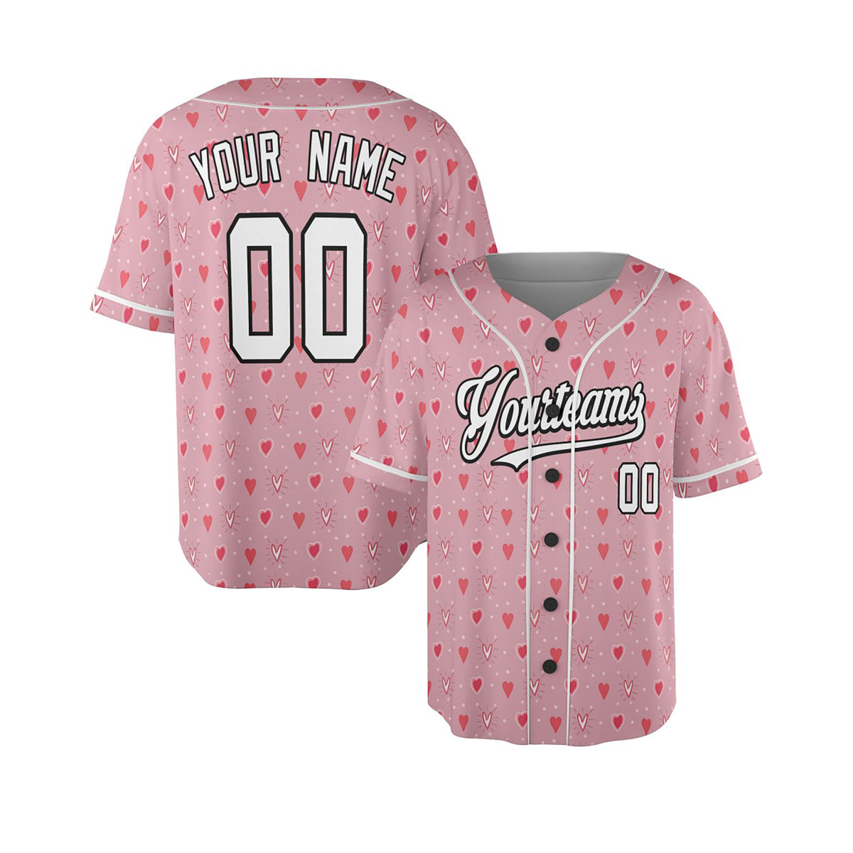 Personalized Valentine Baseball Jersey - Pink Tiny Heart Style, Matching Couples Custom Name & Number-3