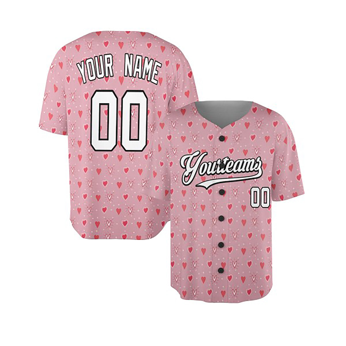 Personalized Valentine Baseball Jersey - Pink Tiny Heart Style, Matching Couples Custom Name & Number-4