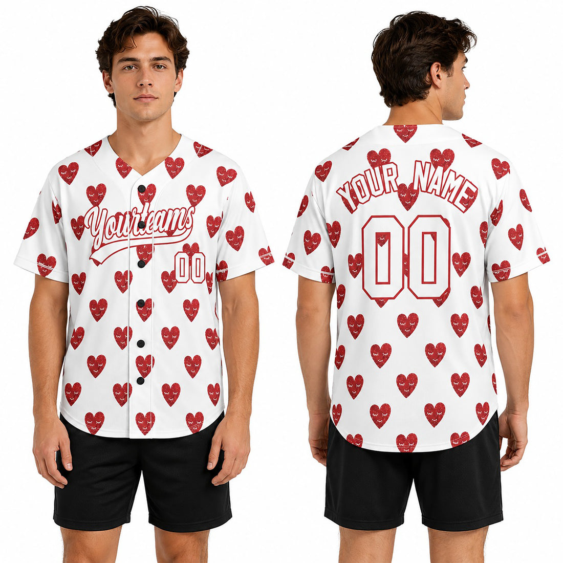 Personalized Valentine Baseball Jersey - White Glitter Red Heart Style, Matching Couples Custom Name & Number-1