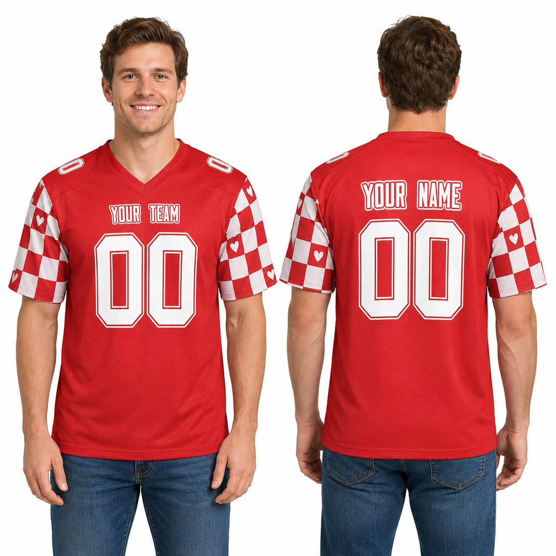 Personalized Valentine’s Day Football Jersey - Checkered Heart Design, Matching Couples Outfit-1