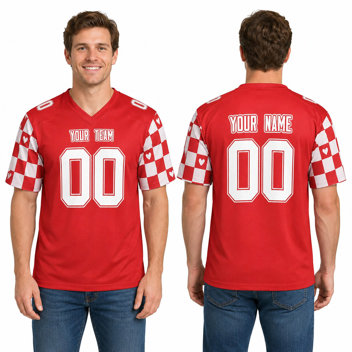 Personalized Valentine’s Day Football Jersey - Checkered Heart Design, Matching Couples Outfit-1